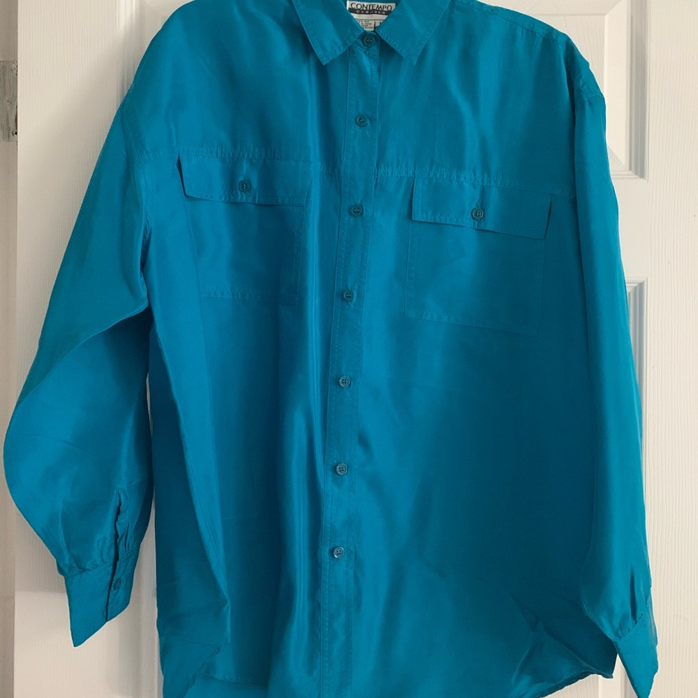 1980’s Vintage Teal Blue Silk Shirt Contempo Casual